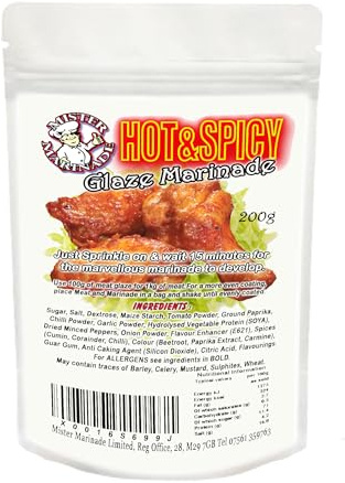 MISTER MARINADE Hot N Spicy Meat Glaze Marinade & BBQ Rub 200g, A Blend of Aromatic Spices with a Tangy Tomato & Chilli Kick Great with Wings