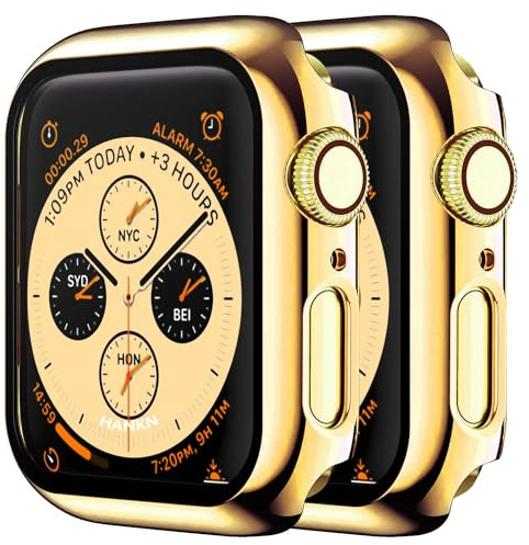 HANKN 2 Pack Plated Hard Case for Apple Watch Series 6 5 4 SE 44mm Gold | Tempered Glass Screen Protector Case, Full Coverage Plated Shell Shockproof Iwatch Bumper Cover (44 mm, Gold)