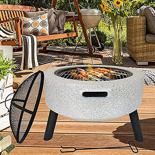 BDXZJ Mesa para Hoguera para Exterior Redonda, Hormigón, Piedra de Imitación para Fogata Al Aire Libre, 60 Cm con Pantalla de Chispa, Póquer, Rejilla Y Parrilla para Barbacoa Patio Trasero