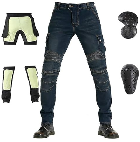 LOMENG Kevlar Jeans Motorcycle Riding Jeans Motorbike Racing Pants with CE Knee Hip Removable Armored for Men Blue 28, 28 Regular