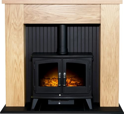 Adam New England Stove Fireplace in Oak& Black with Woodhouse Electric Stove in Black, 48 Inch