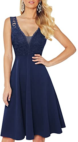 HOMEYEE Robe de Soirée Vintage pour Femme sans Manches en Dentelle Rockabilly Swing Robe de Cocktail A288 (M, Bleu foncé)