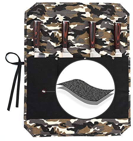 Kaaltisy Chef Knife Storage Roll - Heavy Duty 16oz Waxed Canvas Knife Bag with 4 Slots, Anti-Cut Cloth, Two-Tone Camouflage & Black Design for Travel Outdoor Cooking Culinary Professionals