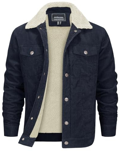 EKLENTSON Vestes en velours côtelé pour homme avec doublure en polaire sherpa et col à revers thermique avec 5 poches, bleu marine, L