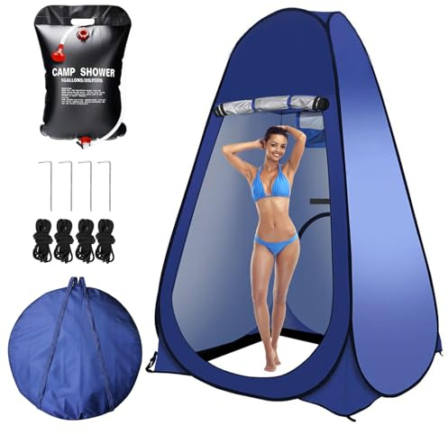 Petgin Pop Up Tent Upgrade Privacy Camping Shower Tent Portable Outdoor Sun Shelter for Outdoor Bathing Toilet Camping Biking Hiking Beach-Blue,with 5.3 Gallon Shower Bag