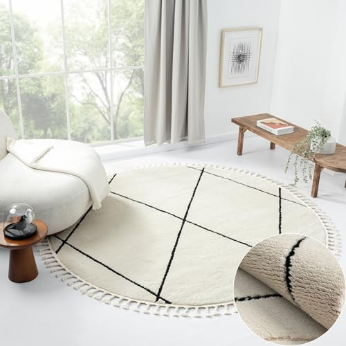 MY-RUG Teppich Ida rund weiß schwarz 190 x 190 cm Esszimmerteppich im Boho Style, Skandinavischer Fellteppich Kunstfell Vintage Teppich mit Fransen, Flauschig im Rauten Muster