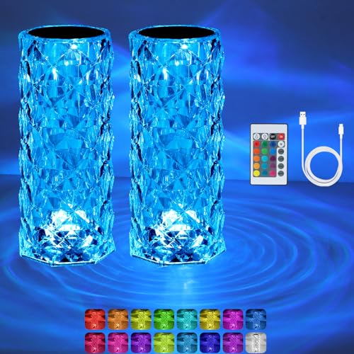 VoMii 2 Pack Crystal Table Lamp (Touch & Remote), RGB 16 Colors Changing Lamp, Rechargeable Crystal Lamp, Rose Diamond Night Light, for Bedroom/Party/Dinner/Decoration