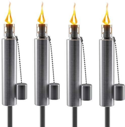 Matney Stainless Steel Outdoor Torches - Decorative Garden & Yard Lights - 5 ft Oil Lamp for Citronella - Fiberglass Wick & Snuffer Cap - Set of 4 (Barrel)