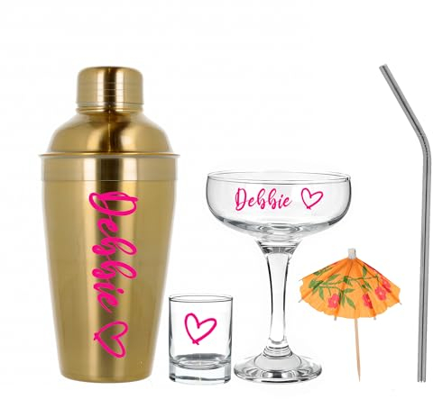 Personalised Gold Cocktail Mixer Shaker With Matching Glass Gift Kit Personalised with Name Cocktail Making Bundle Set (Martini FULL SET)
