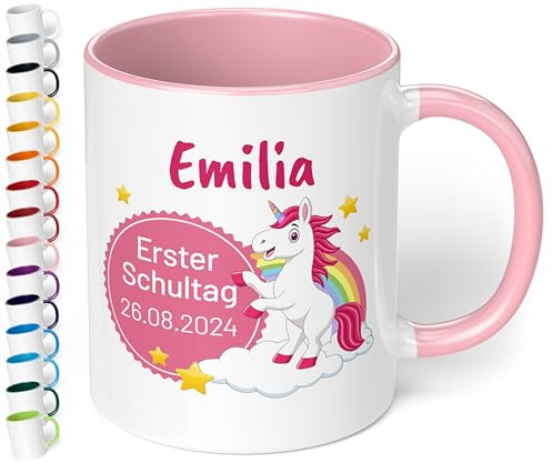 True Statements Geschenk zur Einschulung für Mädchen & Jungen: personalisierte Keramik-Tasse „Erster Schultag“ mit Name und Datum 330ml, Einhorn mit Regenbogen (Rosa)