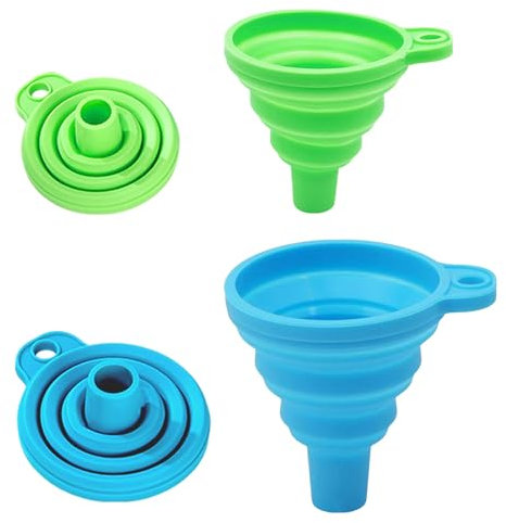 KINDOYO Set of 4 Collapsible Silicone Funnels - Blue (2) + Green (2), 1cm & 1.5cm, Kitchen & Household, BPA Free, Dishwasher Safe
