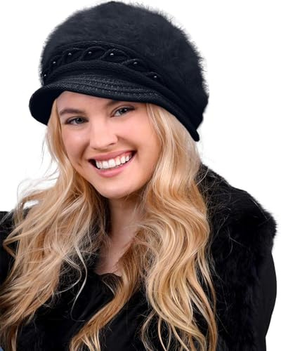 Yutdeng Baskenmütze Damen Winter - Gefütterte Strickmütze Mit Schirm, Wollmütze Fleece Barett, Wintermütze Strick Hut, Warme Herbst Hüte, Weich Beret Beanie