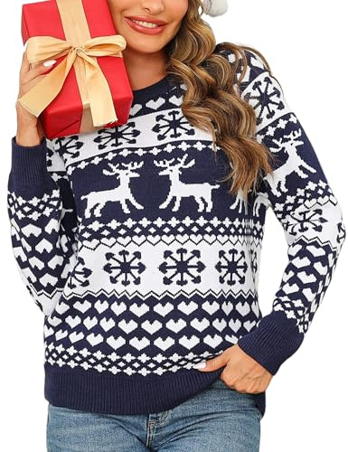 Leversic Suéter Navidad Mujer Jersey Invierno Suéter de Punto de Invierno con Reno Navideño Cuello Redondo Copos de Nieve Top Navideño(Azul Marino,S)