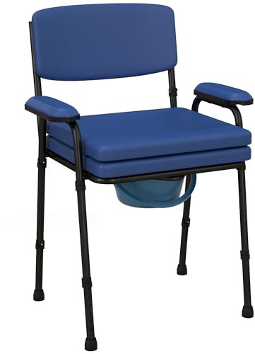HOMCOM 5 in 1 Sedia Comoda WC per Anziani 6 Altezza Regolabile, Sedia WC per Disabili, Sedia per Doccia con Secchio Rimovibile e Seduta Imbottita, Capacità Peso 136 kg, 63x54x86-102 cm, Blu