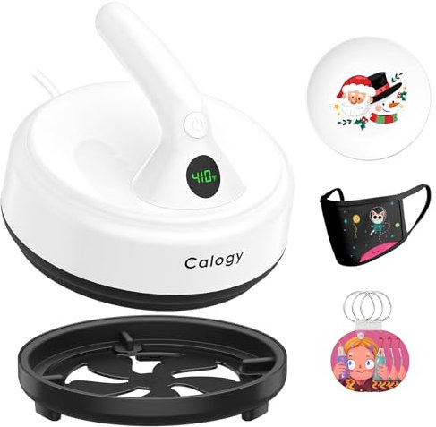 Calogy Mini Prensa de Caliente, Máquina de Transferencia, Trazador, Temperatura máxima de 210 ℃, Diámetro de 16,7 cm, Pequeña Prensa de Planchar para Camisetas, Ropa para Mascotas, Vajilla