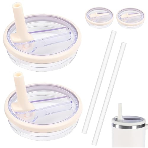 Pack of 2 Stanley Cup Lids, Leak-Proof, 30 oz Reusable Dustproof Replacement Lid with 2 Straws for Stanley Cup Accessories (White) (A)
