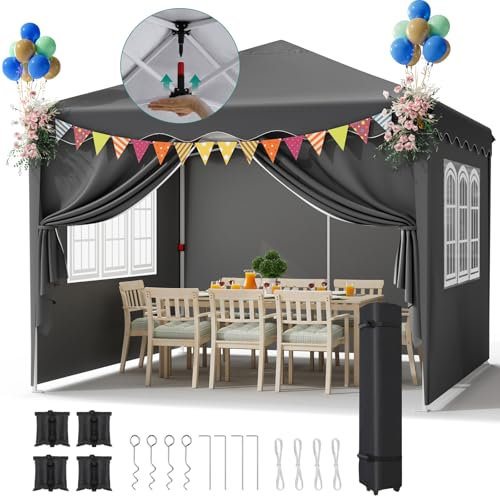 Pavillon 3x3, One Push Faltpavillon Wasserdicht Stabil, 420D Oxford Pop up Faltpavillon mit 4 PCS Sandsack, Partyzelt UV Schutz 50+, Gartenpavillon mit Rolltragetasche, für Festival, Camping Grau