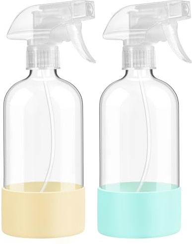 FANSTINOW Glass Spray Bottles with Silicone Sleeve Protection, 16 oz 2 Pack, Reusable Spray Bottles with Adjustable Nozzle for Hair, Cleaning Solutions, Plants, Pale Yellow&Mint Green