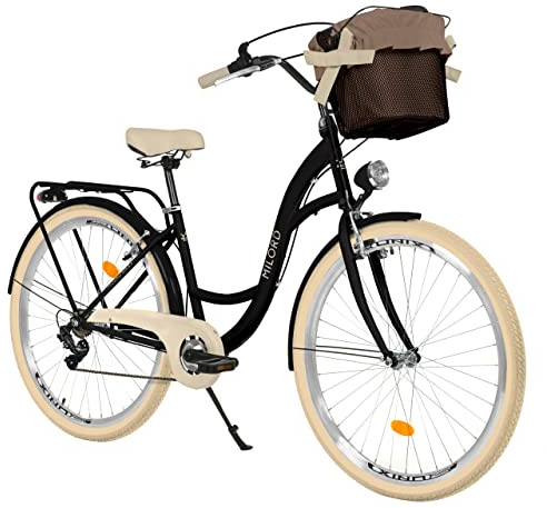 MILORD Damenfahrrad Citybike Komfort Mit Metallkorb Hollandrad Vintage Fahrrad, 26, 28 Zoll, 7-Gang (Schwarz-Creme, 26 Zoll)