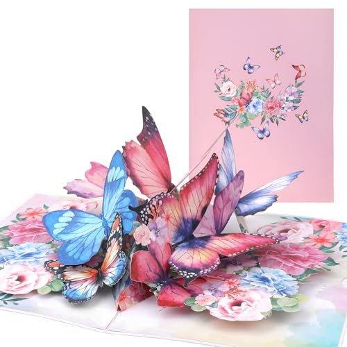 Biglietto d'Auguri Pop-Up 3D Farfalla, Delicato Biglietto d'Auguri Pop-Up Donna con Busta Farfalle Fiori Biglietti d'Auguri Pop-Up Biglietti Regalo Compleanno Natale Festa Mamma San Valentino