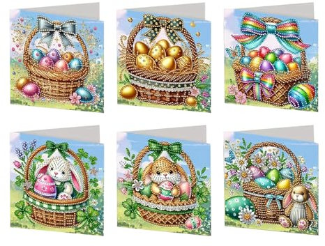 6er Set Osterkarten mit Umschlag, Osterdeko Diamond Painting Frohe Ostern Grußkarten, Osterhase Eier Osterpostkarten, Geburtstagskarten, Klappkarten mit Hasen Ostereiern, Easter Osterkarten (A)