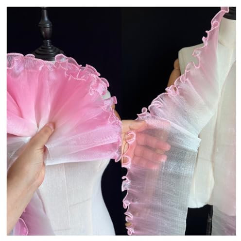 AMateschitz Meerjungfrau Falten Rüschenstoff Gradient Plissierter Spitzenstoff Farbverlauf Rüsche Gerüschter Tüllstoff Plissee Rüschenborte Organza Stoff für Kleid DIY Nähen Rosa 5 Yard
