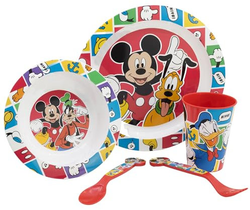 Disney Mickey Mouse - Juego de vajilla infantil de 5 piezas, plato de polipropileno reutilizable, cuenco, vaso (260 ml) y cubiertos, sin BPA, apto para microondas y lavavajillas, ecológico, ideal para
