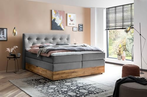 Belanoti MARBO Boxspringbett 160x200 mit Bettkasten 7-Zonen Taschenfederkern Matratze inklusive Visco Topper Bett 160x200 Eiche in der Farbe Anthrazit H2/H3 Polsterbett mit Massivholz Eiche