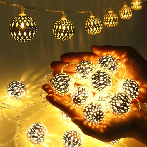 Ewikin Marokkanische Lichterkette, 20 LED Innen Batteriebetrieben, Silber Kugeln mit Timer, Arabische Deko Boho für Kinderzimmer, Hochzeit, Geburtstag