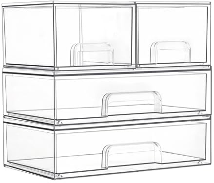 Vtopmart Stackable Storage Drawers Set of 4, Clear Plastic Organizer Bins for Bathroom Supplies,Ideal for Cabinet,Pantry,Laundry Room Organization