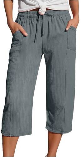 Musselin Hose Damen 3/4 - Leinenhose Damen Sommer Caprihose Sommerhose Leicht Stoffhose High Waist Elastische Kordelzug Baumwolle Leinen Capri Hosen Dreiviertel Freizeithose Strandhose für Frauen