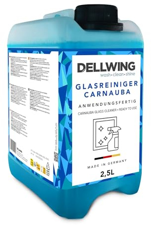 Dellwing Detergente per vetri Carnauba 2.5 l, detergente per superfici vetrate pronto all’uso con sigillante, ideale per vetri, specchi e piastrelle, detergente per finestre, Made in Germany