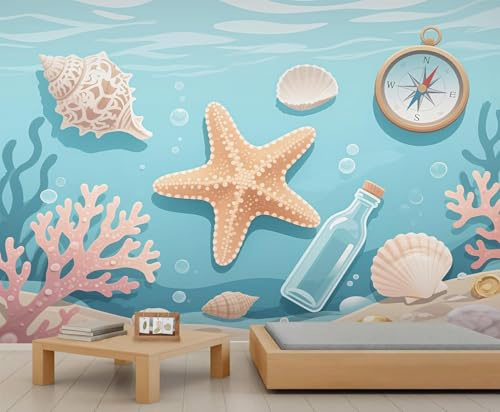 Fotomurales Decorativos Pared Estrella de Mar 3D Mural Autoadhesivo Pared Tema Mar Papel Pintado Tela de Seda Papel Tapiz Panorámico 200x140 cm A-8748