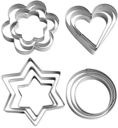 12 Pcs Cookie Cutters Shapes Baking Set, Metal Cookie Cutter Set Stainless Steel Shapes Including Round, Heart, Star, and Flower 4 Shape for Cookie Cake Decorating Biscuit Cutters and Mini Molds