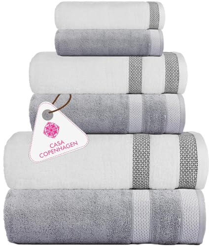 Casa Copenhagen Juego de 6 Toallas de baño 600 gsm, Blanco-Gris Violeta | Solitaire Mix 100% algodón egipcio puro para baño, cocina y ducha 2toallas baño, 2de mano, 2paños (set regalo mujer y hombre)