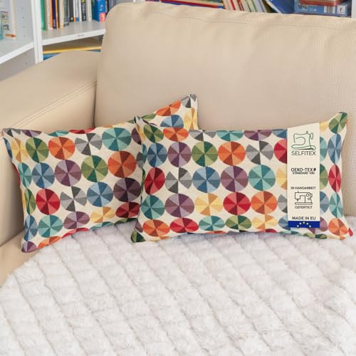 Selfitex 2er Set 30x50 Bunte Sofakissen inkl. Füllkissen, Luxus Sofakissen, farbenfrohes Couchkissen Set, hochwertiger Couchkissen Muster Bezug mit Reißverschluss, Bunte Kissen Deko (Dots)