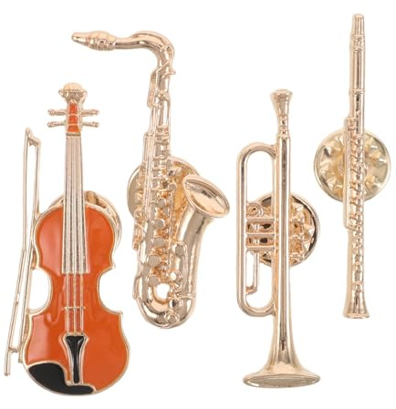 OATIPHO Broches Musicales Vintage 4 Pièces en Alliage Doré Instruments Guitare Saxophone Trompette Flûte pour Sac à Dos et Chapeaux, Résistantes la Décoloration
