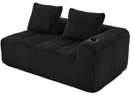 OCACA Modulares Cord-Sofa mit Liegefunktion, kompaktes Funktionssofa ohne Montage, weich gepolstert mit Rückenkissen, Getränkehalter & Seitentasche, als Sofa, Couch oder Relaxliege (Black,2 Seat)