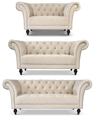 Bravich Cambridge Chesterfield Velvet 3 Piece Suite, Cream Armchair with 2 and 3 Seater Sofa Set for Living Room Furniture, Button Back Settee, Solid Wood Frame
