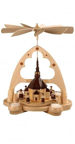 Müller Piramide di Natale Piramide arcata chiesa di Seiffen, 1 piano, 36 cm di altezza, illuminazione LED, condotto da batterie, originale Monti Metalliferi di Müller Seiffen