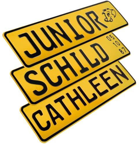 1 Stück Kennzeichen Junior-Schild 34cm x 9cm Bohrung Farbwahl Wunschtext Wunschprägung Muster Datum Namenskennzeichen Bohrung / Saugnäpfen Namensschild Bobbycar Kettcar FUN Schild in Gelb