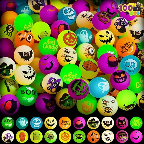 JOYIN 100 Stück Halloween Flummi Im Dunkeln leuchtende Springende Bälle 32mm Gummiball Springball Hüpfball für Halloween Party Mitgebel Spielzeug Geschenk Süßes oder Saures