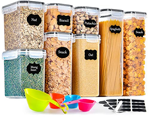 GoMaihe 8 contenitori alimentari da cucina, con chiusura ermetica, in plastica sigillata con coperchio, per conservare cereali, pasta, farina, cibo per animali domestici