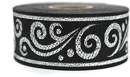 10.9 Yard spole 22mm Metallisk Silver-Svart Motiv Jacquard bård vävda band jacquardborte kostymbård broderi