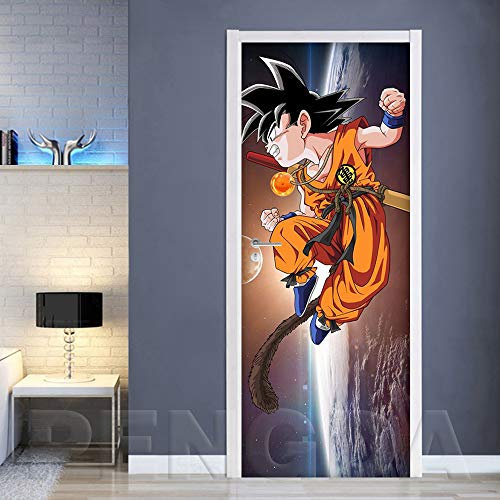 Peinture Murale de Porte Dragon Ball Z Goku Anime Héros 77X200CM Trompe l'oeil Effet 3D Art Affiche PVC Auto-adhésif Murale Autocollant Décoration pour Cuisine Salon Chambre Salle De Bain Porte