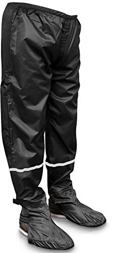 Rainrider Pantalon de pluie pour homme/femme (noir) imperméable avec couvre-chaussures pliables, vêtements de cyclisme résistants à la pluie, adaptés pour la randonnée, la pêche ou le jardin (noir