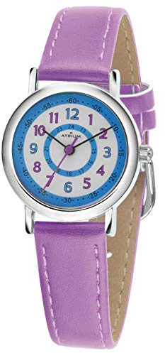 Atrium Kinderuhr Mädchen Analog Quarz 5 bar 28 mm – Lernuhr 12/24 Stunden Anzeige – Armbanduhr Kinder Lila Violett – Metallgehäuse & weiches Lederimitat Band – Geschenk für Schule & Geburtstag A31-108