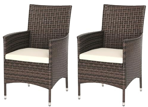 Outsunny 2 Pieces Outdoor PE Rattan Dining Chairs Set with Cushion, Garden Armchair with Armrests, High Backrest, Metal Frame Patio Wicker Furniture, Mixed Brown