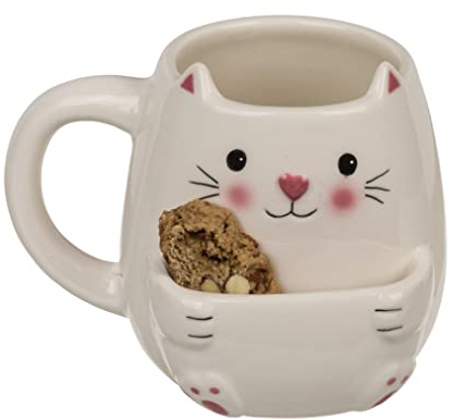 MIJOMA Henkelbecher mit Keksfach – Lustige Tasse aus Dolomit, 400 ml, origineller Kaffeebecher mit Snackfach, witziges Mitbringsel für Keks- & Teeliebhaber (Katze)