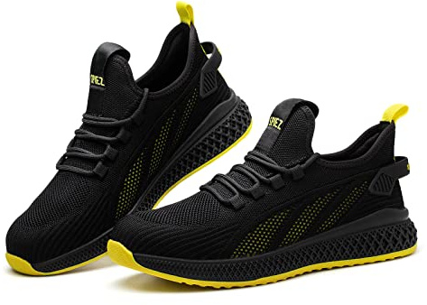 SPIEZ Unisex Safety Trainers with Protective Toe Cap, Puncture Proof Work Shoes for Men and Women, Breathable Safety Sneakers for Work and Daily Wear, Size 8.5 UK, Black/Yellow